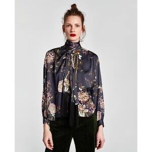 Zara Blouse S Navy Dotted Floral Fringe Pussybow Tie Neck Modern Victorian Boho